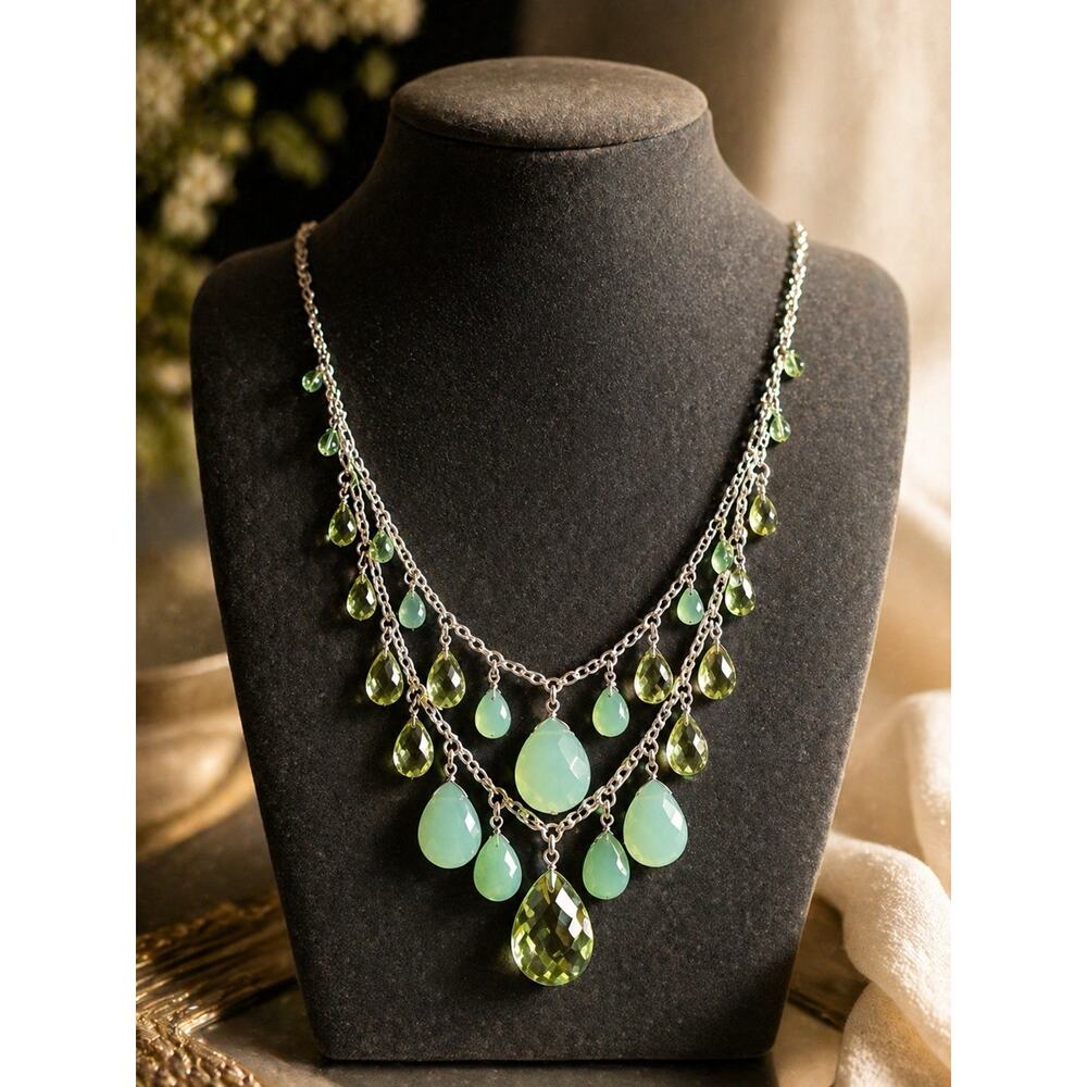 Green Briolette UV Glow Glass Bead Necklace Teardrop Pear Dangle Double 18”